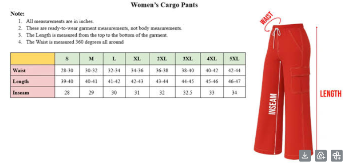 Cargo Pants Sizing Chart