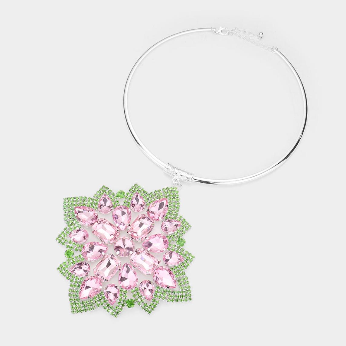 Pink and Green Flower Medallion Choker
