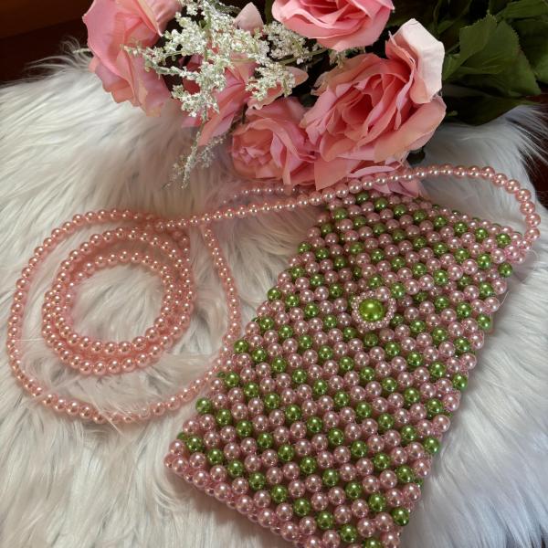 Pink and Green Pearls Cellphone Crossbody Bag