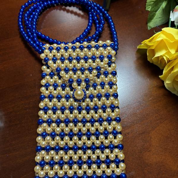 Royal Blue and Gold Pearls Cellphone Crossbody Bag