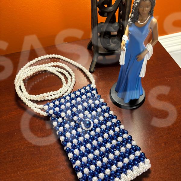 Royal Blue and White Pearls Cellphone Crossbody Bag