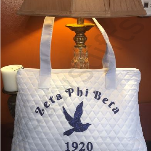 Zeta Quilted White Tote with Blue Dove
